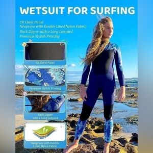 XUKER Youth Women’s Wetsuit Blue Floral Neoprene Wet Suit Full Body Surfers Suit